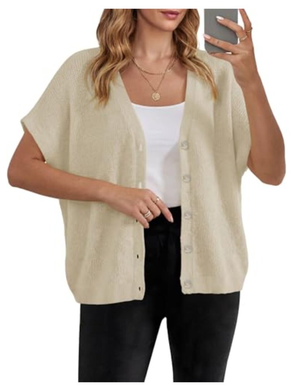 Oversized Batwing Short Sleeve Button V Neck Knit Cardigan